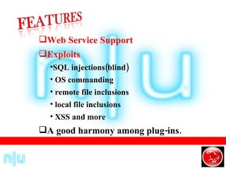 Web Service Support  Exploits  SQL injections(blind) OS  commanding remote file inclusions local file inclusions XSS and more A good harmony among plug-ins. 
