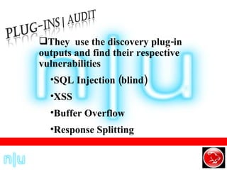 They  use the discovery plug-in outputs and find their respective vulnerabilities SQL Injection (blind) XSS Buffer Overflow Response Splitting 