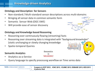 24
Experience certainty.
Knowledge-driven Analytics
Ontology and Description for Sensors
• Non-standard / Multi-standard sensor descriptions across multi-domains
• Bringing all sensor data in common semantic form
• Semantic Sensor Web (OGC-SWE)
• Will provide ease of sensor discovery
Ontology and Knowledge based Reasoning
• Reasoning over continuously flowing (streaming) facts
• Reasoning over streaming data is integrated with “background knowledge”
(static unchanging or slowly changing knowledge
• Spatio-temporal Queries
Semantic Analytics
• Analytics-as-a-Service
• Query language to specify processing workflow on Time series data
• 5 papers in ICST 2012 , ICNC 2013, ICUIMC 2013, ODBASE 2013, KES 2013
• 4 patents filed
 
