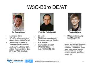 03/11/15 17:05
03/11/15 17:07
W3C-Büro DE/AT
13
Dr. Georg Rehm
•  Leiter des Büros
•  DFKI Forschungsbereich
Sprachtechnologie (Berlin)
•  Beschäftigt sich seit 20
Jahren mit Web-Themen
•  Außerdem: Advisory Com-
mittee Representative des
DFKI als W3C-Mitglied.
Prof. Dr. Felix Sasaki
•  Co-Leiter
•  DFKI Forschungsbereich
Sprachtechnologie (Berlin)
•  W3C-Fellow
•  Mitarbeit an diversen  
W3C-Standards  
(u.a. ITS 1.0, ITS 2.0)
Florian Böhme
•  Mitgliederbetreuung  
(seit März 2015)
Lebenslauf
Name/Anschrift: Florian Böhme
Straße 47 Nr.25
13125 Berlin
Telefon: 015159225730
E-Mail: fboehme@mailbox.tu-berlin.de
Geburtsdatum: 16.03.1990
Geburtsort: Berlin
Staatsangehörigkeit: Deutsch
Studium:
Seit WiSe 2012: Studium Master of Science für Mathematik an der
Technischen Universität Berlin, aktuell 5. Semester
WiSe 09 - WiSe 12: Studium Bachelor of Science für Mathematik an der Freien
Universität Berlin, Nebenfach Meteorologie, abgeschlossen
mit einer Durchschnittsnote von 2,3
Schulbildung:
Schulabschluss: Abitur; Durchschnittsnote: 1,2
2002-2009: Friedrich-List-Oberschule (Gymnasium) in Berlin; jetzt
Max-Delbrück-Oberschule (Gymnasium)
1996-2002: 8. Grundschule Alt-Karow in Berlin
Berufliche Tätigkeiten und Praktika:
16.11.11-30.10.14: studentische Hilfskraft am Institut für Werkzeugmaschinen
und Fabrikbetrieb der TU Berlin
• Modellierung von Maschinen und Services im Rahmen
hybrider Leistungsbündel mit einem System aus
Ontologien und Software-Agenten
11.10.-15.11.2011: Night-Auditor (Nachtdienst am Hotelempfang) bei Front
Office GmbH
08.08.-16.09.2011 sechswöchiges Praktikum am Fraunhofer-Institut für
Weitere W3C-Büros in: Australien,
Brasilien, Benelux, Finnland,
Frankreich, Griechenland, Indien,
Israel, Italien, Korea, Marokko,
Russland/Schweiz, Senegal,
Südafrika, Spanien, Schweden,
Ungarn, UK
W3C/DFKI Automotive Workshop 2015
 