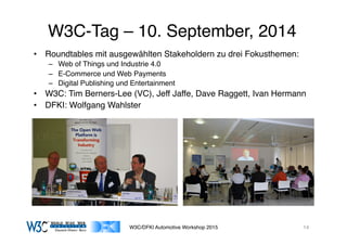03/11/15 17:05
03/11/15 17:07
W3C-Tag – 10. September, 2014
•  Roundtables mit ausgewählten Stakeholdern zu drei Fokusthemen:
–  Web of Things und Industrie 4.0
–  E-Commerce und Web Payments
–  Digital Publishing und Entertainment
•  W3C: Tim Berners-Lee (VC), Jeff Jaffe, Dave Raggett, Ivan Hermann
•  DFKI: Wolfgang Wahlster
W3C/DFKI Automotive Workshop 2015 14
 