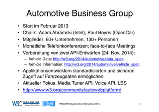 03/11/15 17:05
03/11/15 17:07
Automotive Business Group
•  Start im Februar 2013
•  Chairs: Adam Abramski (Intel), Paul Boyes (OpenCar)
•  Mitglieder: 60+ Unternehmen, 130+ Personen
•  Monatliche Telefonkonferenzen; face-to-face Meetings
•  Vorbereitung von zwei API-Entwürfen (24. Nov. 2014):
–  Vehicle Data: http://w3.org/2014/automotive/data_spec
–  Vehicle Information: http://w3.org/2014/automotive/vehicle_spec
•  Applikationsentwicklern standardisierten und sicheren
Zugriff auf Fahrzeugdaten ermöglichen
•  Aktueller Fokus: Media Tuner API, Voice API, LBS
•  http://www.w3.org/community/autowebplatform/
W3C/DFKI Automotive Workshop 2015 21
 