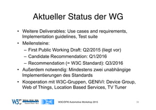 03/11/15 17:05
03/11/15 17:07
Aktueller Status der WG
•  Weitere Deliverables: Use cases and requirements,
Implementation guidelines, Test suite
•  Meilensteine:
–  First Public Working Draft: Q2/2015 (liegt vor)
–  Candidate Recommendation: Q1/2016
–  Recommendation (= W3C Standard): Q3/2016
•  Außerdem notwendig: Mindestens zwei unabhängige
Implementierungen des Standards
•  Kooperation mit W3C-Gruppen, GENIVI: Device Group,
Web of Things, Location Based Services, TV Tuner
W3C/DFKI Automotive Workshop 2015 38
 