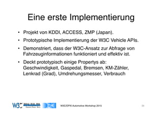 03/11/15 17:05
03/11/15 17:07
Eine erste Implementierung
•  Projekt von KDDI, ACCESS, ZMP (Japan).
•  Prototypische Implementierung der W3C Vehicle APIs.
•  Demonstriert, dass der W3C-Ansatz zur Abfrage von
Fahrzeuginformationen funktioniert und effektiv ist.
•  Deckt prototypisch einige Propertys ab:  
Geschwindigkeit, Gaspedal, Bremsen, KM-Zähler,
Lenkrad (Grad), Umdrehungsmesser, Verbrauch
39W3C/DFKI Automotive Workshop 2015
 