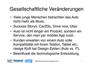 03/11/15 17:05
03/11/15 17:07
Gesellschaftliche Veränderungen
•  Viele junge Menschen betrachten das Auto
nicht mehr als Muss.
•  Success Storys: Car2Go, Drive now, Uber.
•  Auto ist nicht länger ein Produkt, sondern ein
Service, den man per mobiler App nutzt.
•  Kunden erwarten von einem Auto volle
Kompatibiltät mit ihrem Telefon, Tablet etc.;
riesige Kluft bei Design-Zyklen (Auto vs. IT).
•  Beeinﬂusst die technologische Entwicklung.
W3C/DFKI Automotive Workshop 2015 8
 