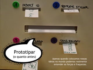 Apenas quando colocamos nossas
ideias no mundo podemos realmente
entender as forças e fraquezas.
Prototipar
(o quanto antes)
 