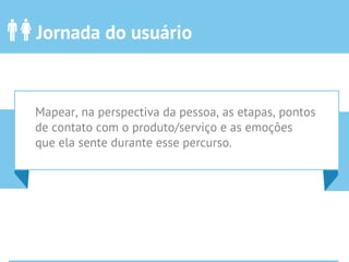 Jornada do usuário
Mapear, na perspectiva da pessoa, as etapas, pontos
de contato com o produto/serviço e as emoções
que ela sente durante esse percurso.
 