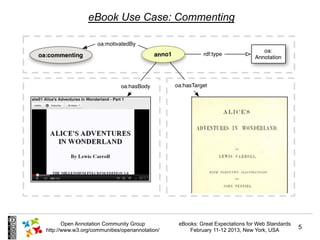 eBook Use Case: Commenting




       Open Annotation Community Group          eBooks: Great Expectations for Web Standards
http://www.w3.org/communities/openannotation/       February 11-12 2013, New York, USA         5
 
