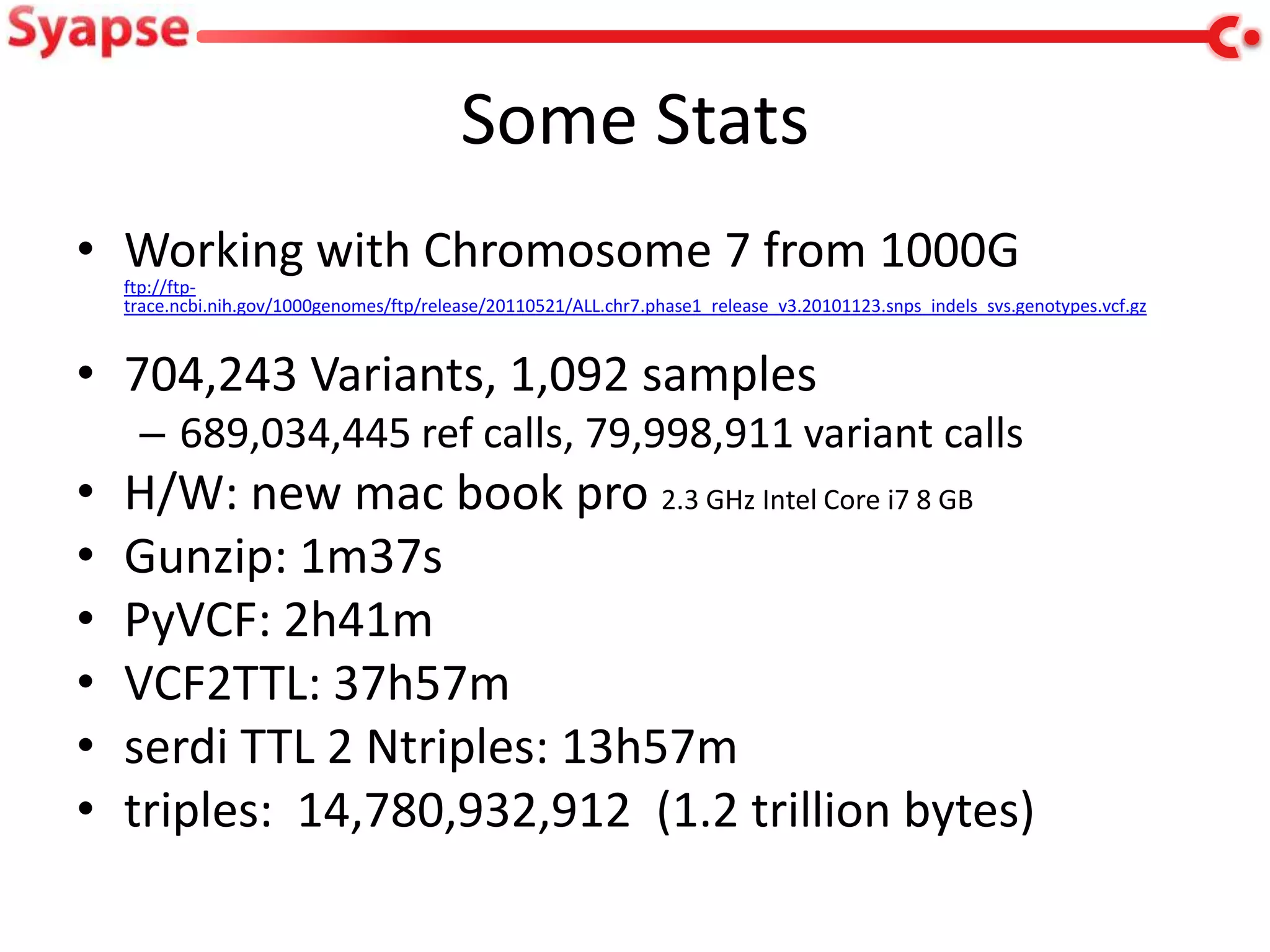 Some Stats
• Working with Chromosome 7 from 1000G
    ftp://ftp-
    trace.ncbi.nih.gov/1000genomes/ftp/release/20110521/ALL.chr7.phase1_release_v3.20101123.snps_indels_svs.genotypes.vcf.gz



• 704,243 Variants, 1,092 samples
     – 689,034,445 ref calls, 79,998,911 variant calls
•   H/W: new mac book pro 2.3 GHz Intel Core i7 8 GB
•   Gunzip: 1m37s
•   PyVCF: 2h41m
•   VCF2TTL: 37h57m
•   serdi TTL 2 Ntriples: 13h57m
•   triples: 14,780,932,912 (1.2 trillion bytes)
 