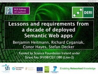 Digital Enterprise Research Institute                                                               www.deri.ie




                Lessons and requirements from
                     a decade of deployed
                      Semantic Web apps
                          Benjamin Heitmann, Richard Cyganiak,
                               Conor Hayes, Stefan Decker
                                       Funded by Science Foundation Ireland under
                                           Grant No. SFI/08/CE/I1380 (Líon-2)
© Copyright 2011 Digital Enterprise Research Institute. All rights reserved.




                                                                               Enabling Networked Knowledge
 