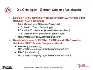Definition eines Semantic-Web-konformen RDA-Formats durch die DCMI/RDA Task Group RDA Element Sets (Classes, Properties) z. B. „Werk“, „Title“, „Content type“ RDA Value Vocabularies (kontrolliertes Vokabular) z. B. „spoken word“ (instance of content type) http://metadataregistry.org/rdabrowse.htm Repräsentationen für FRBRer, FRBRoo und FRAD werden durch die FRBR Review Group spezifiziert FRBRer (provisorisch): http://metadataregistry.org/schema/show/id/5.html FRAD (provisorisch):  http://metadataregistry.org/schema/show/id/24.html  Die Ontologien - Element Sets und Vokabulare 