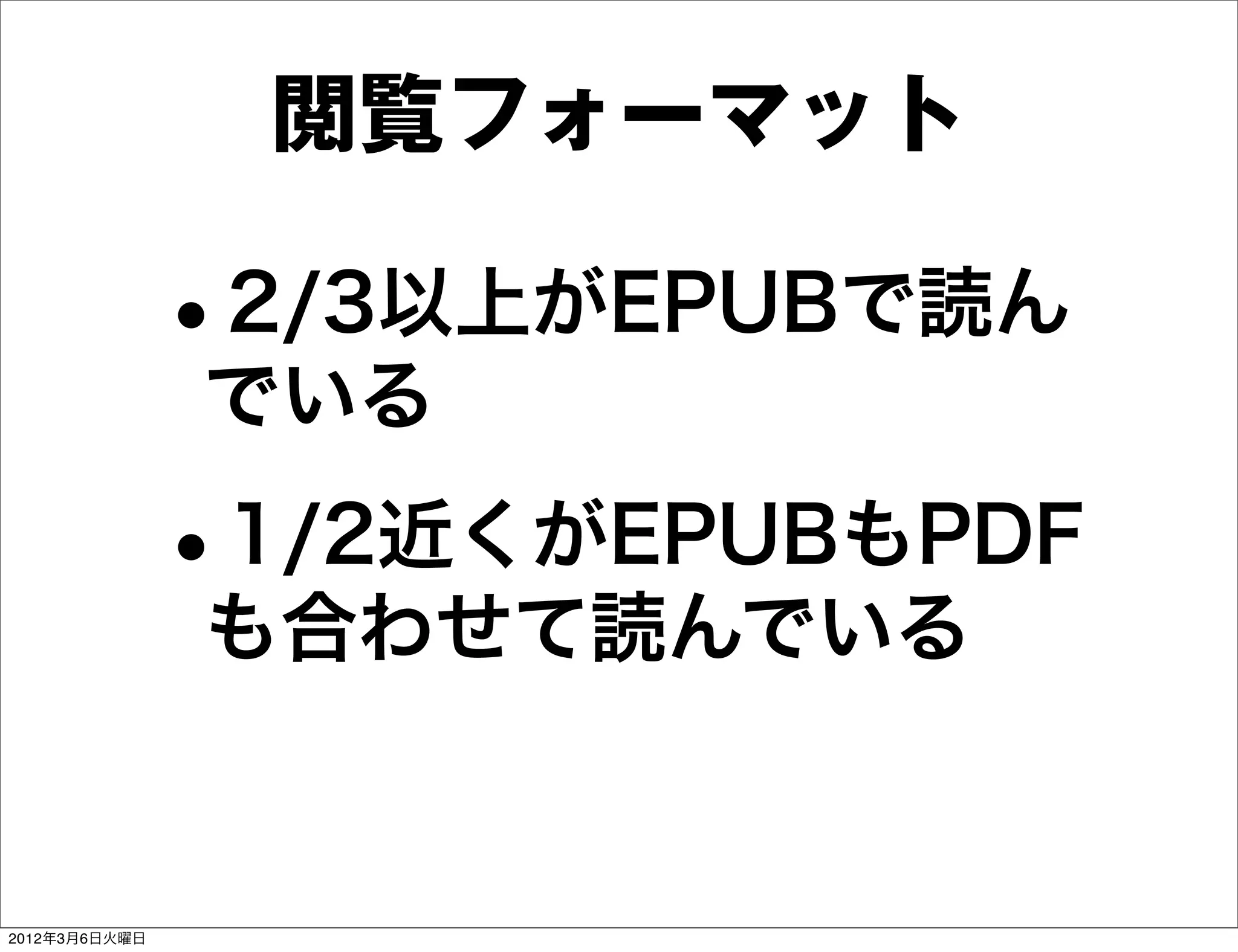 閲覧フォーマット

               •
               2/3以上がEPUBで読ん
               でいる

               •
               1/2近くがEPUBもPDF
               も合わせて読んでいる


2012年3月6日火曜日
 