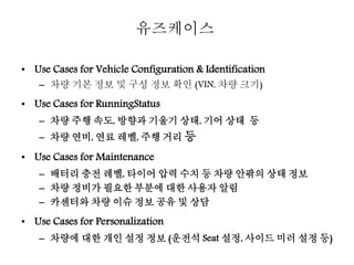 • Use Cases for Vehicle Configuration & Identification
– 차량 기본 정보 및 구성 정보 확인 (VIN, 차량 크기)
• Use Cases for RunningStatus
– 차량 주행 속도, 방향과 기울기 상태, 기어 상태 등
– 차량 연비, 연료 레벨, 주행 거리 등
• Use Cases for Maintenance
– 배터리 충전 레벨, 타이어 압력 수치 등 차량 안팎의 상태 정보
– 차량 정비가 필요한 부분에 대한 사용자 알림
– 카센터와 차량 이슈 정보 공유 및 상담
• Use Cases for Personalization
– 차량에 대한 개인 설정 정보 (운전석 Seat 설정, 사이드 미러 설정 등)
유즈케이스
 