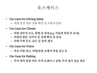 • Use Cases for Driving Safety
– 차량 안전 관련 상태 확인 및 사용자 알림
• Use Cases for Climate
– 차량 내부의 온도, 풍향 등 설정 (e.g. 겨울에 히팅 후 승차)
– 차량의 창문, 선루프 등 상태 확인 및 설정
– 차량 주변 온도, 습도 등 날씨 센싱
• Use Cases for Vision
– 차선 이탈 경고, 차량/동물 보행자 추돌 경고 등
• Use Cases for Parking
– 주차 영역 침범 여부, 주차 브레이그 상태, 주차 센서 정보 제공
유즈케이스
 