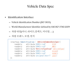 • Identification Interface
– Vehicle Identification Number (ISO 3833)
– World Manufacturer Identifier defined by SAE ISO 3780:2009
– 차량 타입(미니, 라이트,컴팩트, 미디엄, …)
– 차량 브랜드, 모델, 연식
Vehicle Data Spec
 