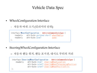 • WheelConfiguration Interface
- 자동차 바퀴 크기 (밀리미터 단위)
• SteeringWheelConfiguration Interface
– 자동자 핸들 위치, 핸들 포지션, 대시로 부터의 거리
Vehicle Data Spec
 