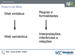 Futuro da Web                                     18




 Web sintática                  Regras e
                                formalidades




                                Interpretações,
 Web semântica                  inferências e
                                relações

  W3C - Futuro da Web - HTML5
 