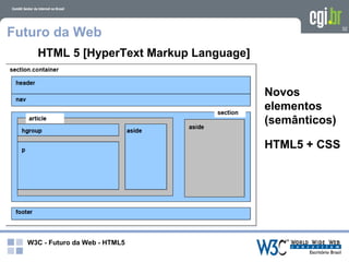 Futuro da Web                                           32




    HTML 5 [HyperText Markup Language]


                                         Novos
                                         elementos
                                         (semânticos)

                                         HTML5 + CSS




  W3C - Futuro da Web - HTML5
 