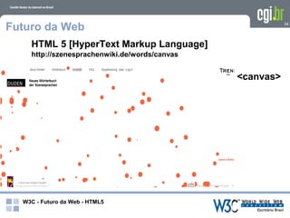 Futuro da Web                                             34




    HTML 5 [HyperText Markup Language]
    http://szenesprachenwiki.de/words/canvas


                                               <canvas>




  W3C - Futuro da Web - HTML5
 