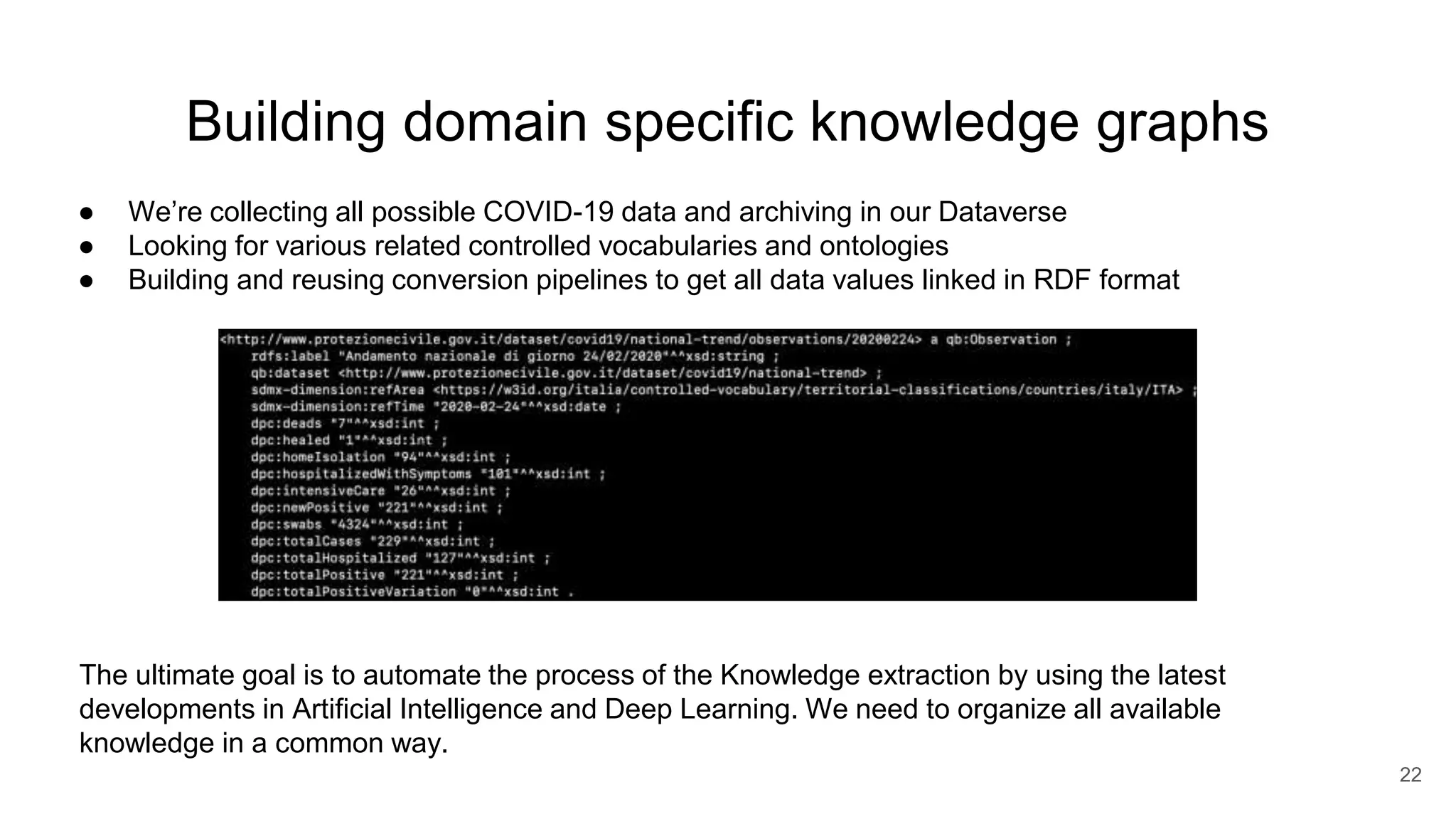 Building domain specific knowledge graphs
● We’re collecting all possible COVID-19 data and archiving in our Dataverse
● Looking for various related controlled vocabularies and ontologies
● Building and reusing conversion pipelines to get all data values linked in RDF format
The ultimate goal is to automate the process of the Knowledge extraction by using the latest
developments in Artificial Intelligence and Deep Learning. We need to organize all available
knowledge in a common way.
22
 