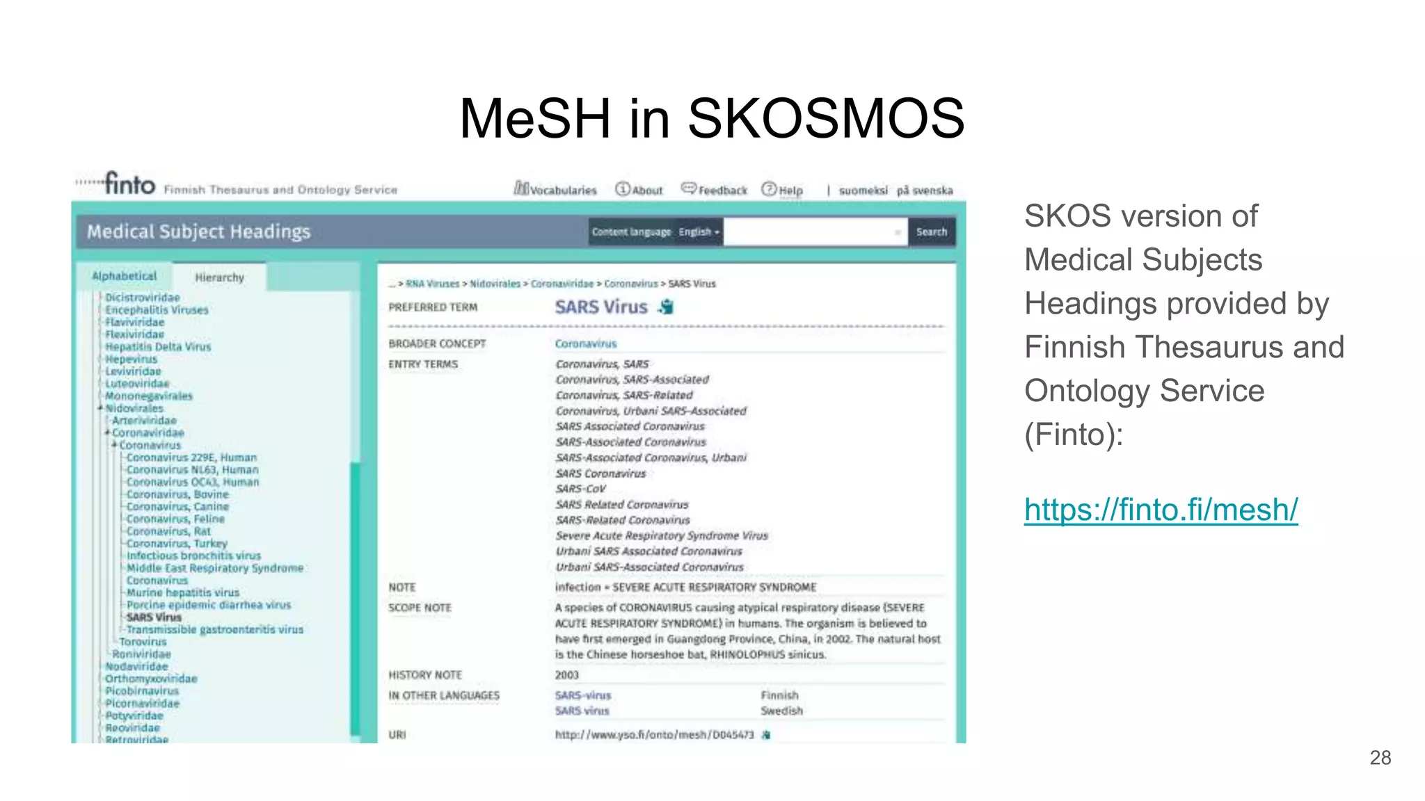 MeSH in SKOSMOS
SKOS version of
Medical Subjects
Headings provided by
Finnish Thesaurus and
Ontology Service
(Finto):
https://finto.fi/mesh/
28
 