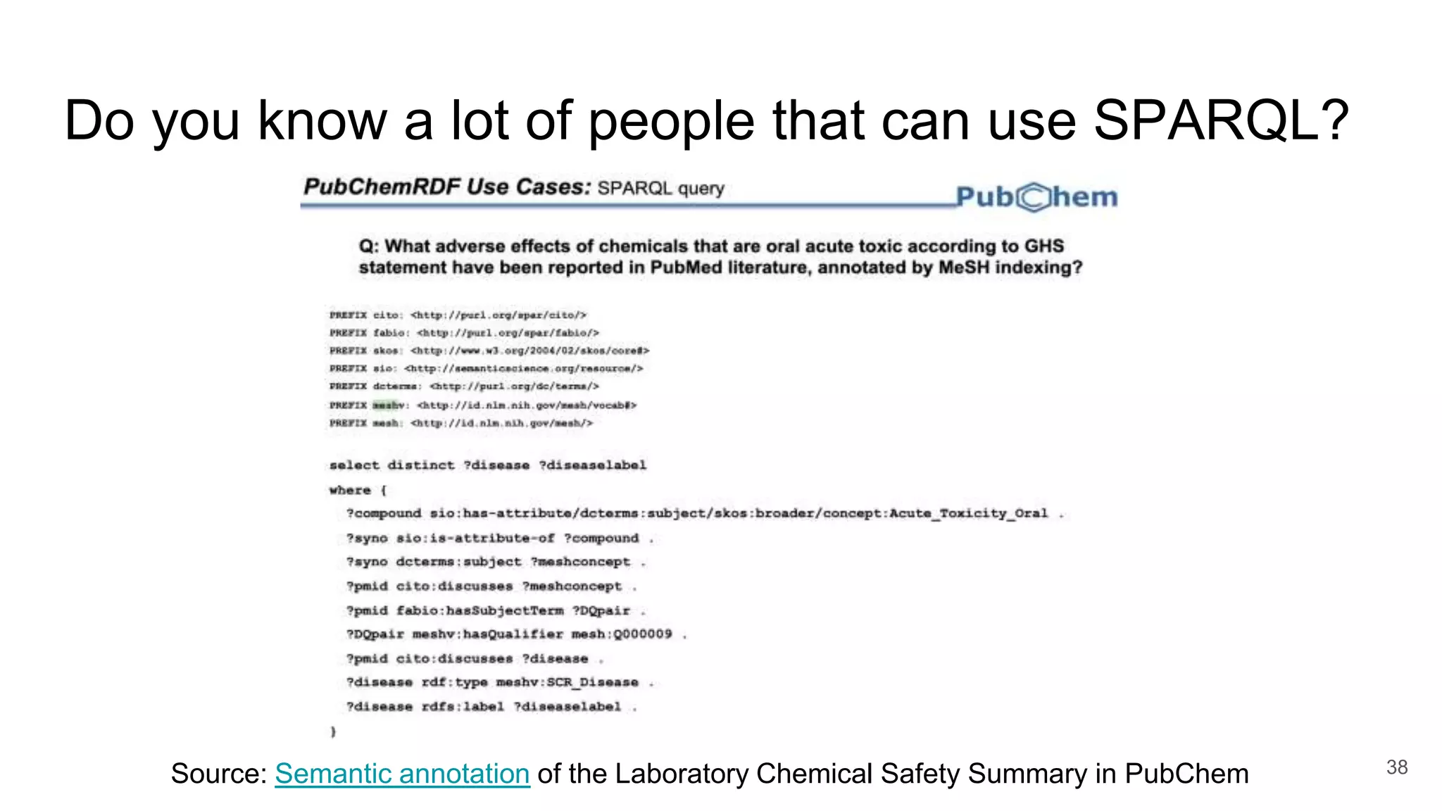 Do you know a lot of people that can use SPARQL?
38
Source: Semantic annotation of the Laboratory Chemical Safety Summary in PubChem
 