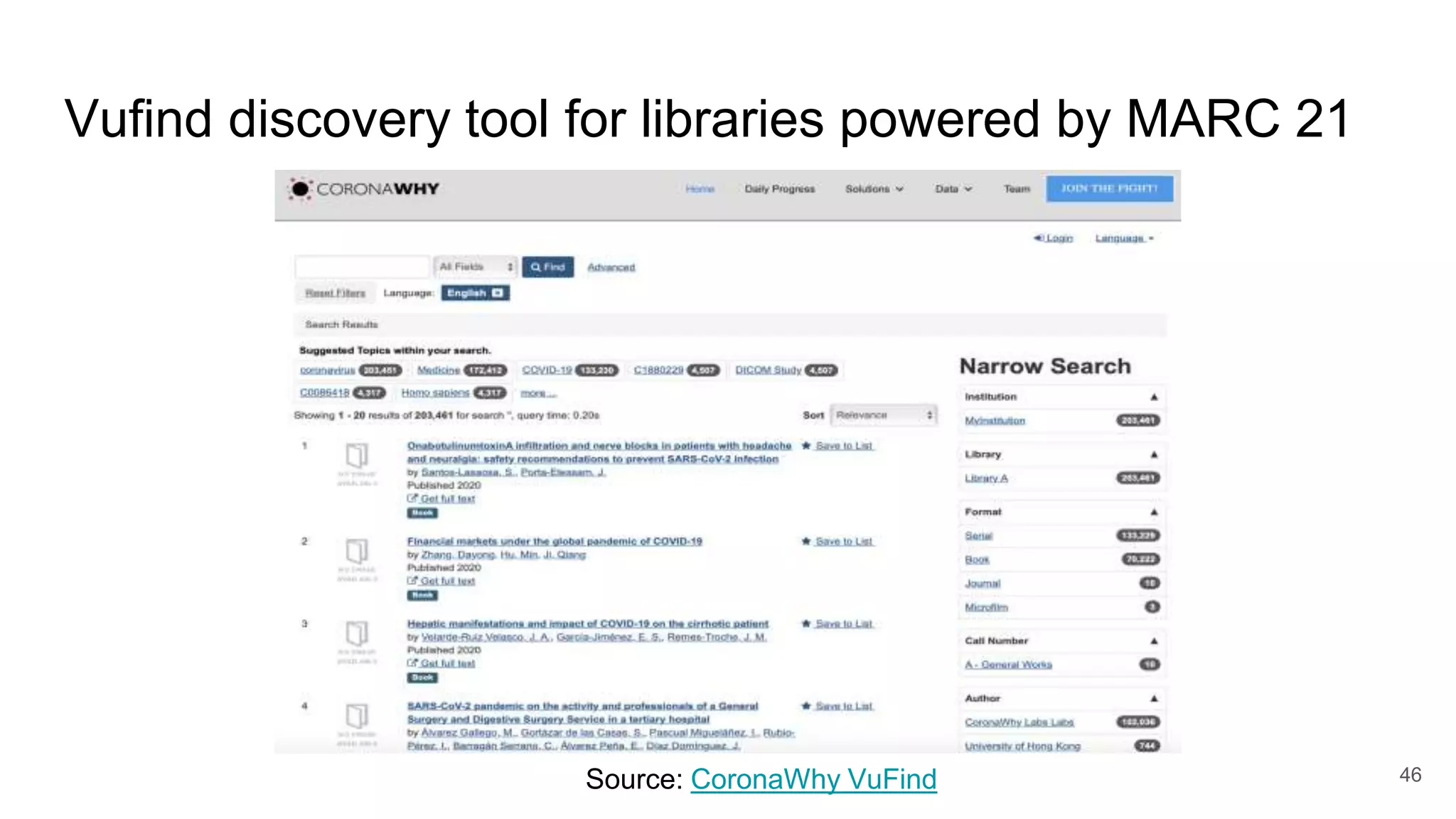 Vufind discovery tool for libraries powered by MARC 21
46
Source: CoronaWhy VuFind
 