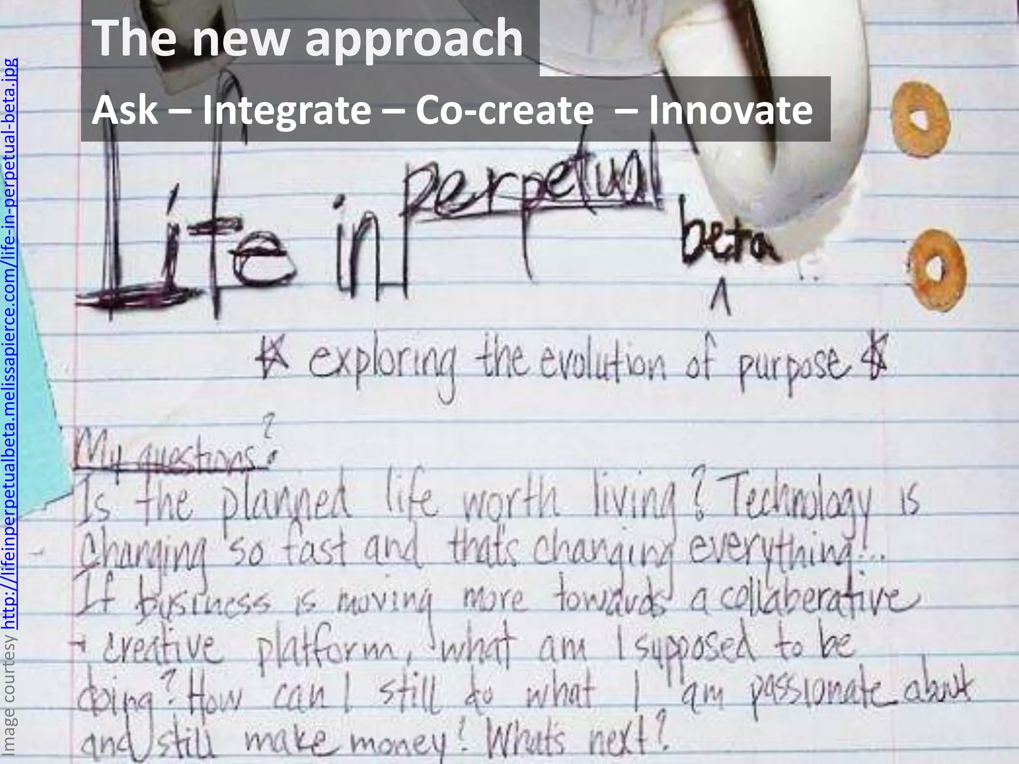 The new approach 
Ask – Integrate – Co-create – Innovate 
Image courtesy http://lifeinperpetualbeta.melissapierce.com/life-in-perpetual-beta.jpg 
 