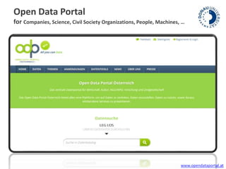 Open Data Portal 
for Companies, Science, Civil Society Organizations, People, Machines, … 
www.opendataportal.at 
 