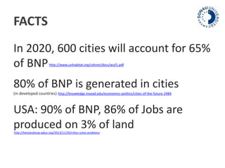 FACTS 
In 2020, 600 cities will account for 65% 
of BNP 
http://www.unhabitat.org/cdrom/docs/wuf1.pdf 
80% of BNP is generated in cities 
(in developed countries) 
http://knowledge.insead.edu/economics-politics/cities-of-the-future-2484 
USA: 90% of BNP, 86% of Jobs are 
produced on 3% of land 
http://hereandnow.wbur.org/2013/11/20/cities-solve-problems 
 