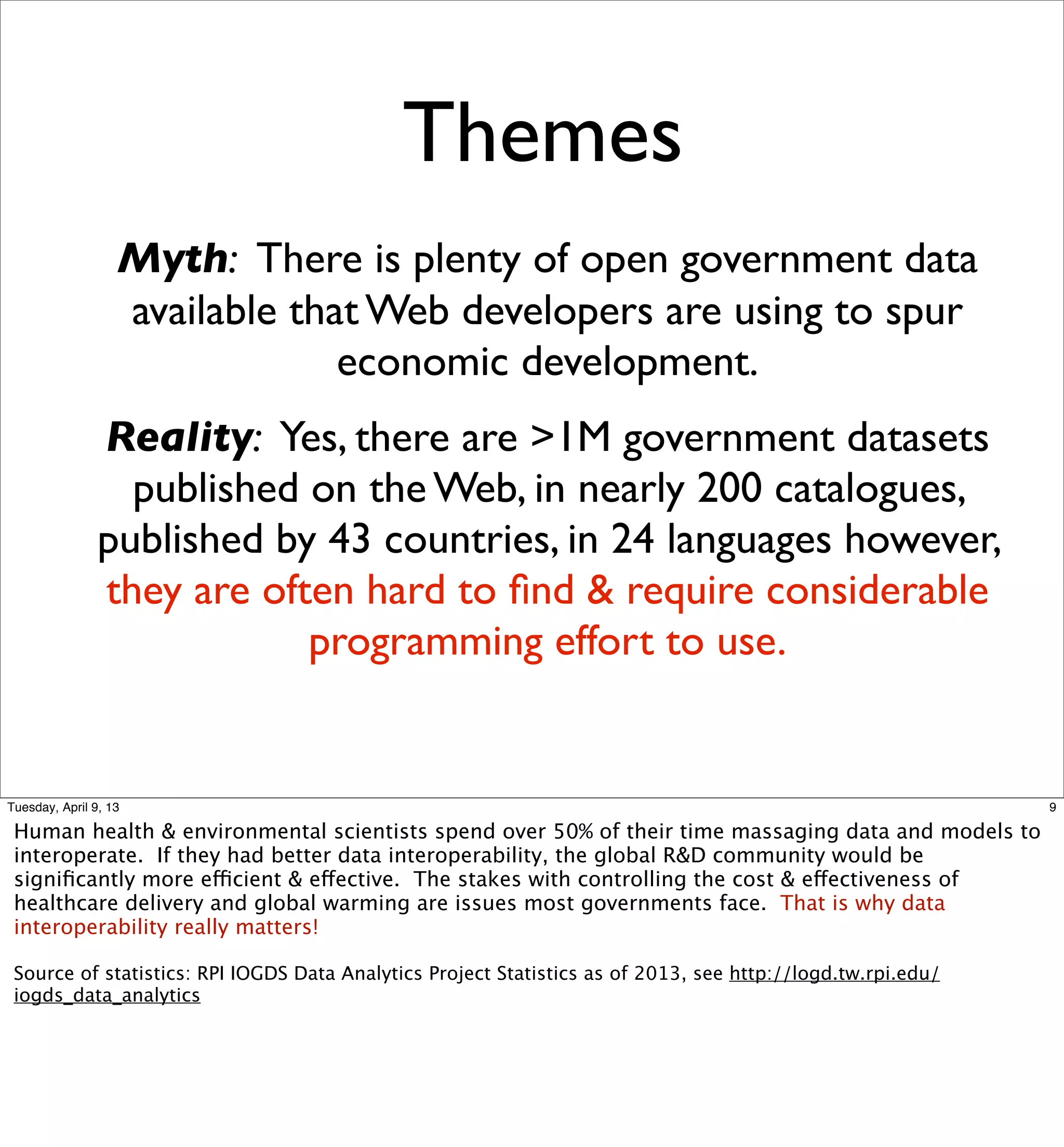 Themes
                   Myth: There is plenty of open government data
                   available that Web developers are using to spur
                                economic development.
                Reality: Yes, there are >1M government datasets
                  published on the Web, in nearly 200 catalogues,
                published by 43 countries, in 24 languages however,
                they are often hard to ﬁnd & require considerable
                            programming effort to use.


Tuesday, April 9, 13                                                                                         9

 Human health & environmental scientists spend over 50% of their time massaging data and models to
 interoperate. If they had better data interoperability, the global R&D community would be
 signiﬁcantly more efficient & effective. The stakes with controlling the cost & effectiveness of
 healthcare delivery and global warming are issues most governments face. That is why data
 interoperability really matters!

 Source of statistics: RPI IOGDS Data Analytics Project Statistics as of 2013, see http://logd.tw.rpi.edu/
 iogds_data_analytics
 