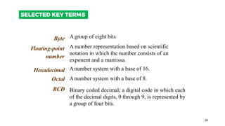 29
SELECTED KEY TERMS
Byte
Floating-point
number
Hexadecimal
Octal
BCD
Agroup of eight bits
A number representation based on scientific
notation in which the number consists of an
exponent and a mantissa.
Anumber system with a base of 16.
Anumber system with a base of 8.
Binary coded decimal; a digital code in which each
of the decimal digits, 0 through 9, is represented by
a group of four bits.
 