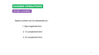 Signed numbers can be represented by :
1. Sign-magnitude form
2. 1’s complement form
3. 2’s complement form
SIGNED NUMBERS
NUMBER OPERATIONS
6
 