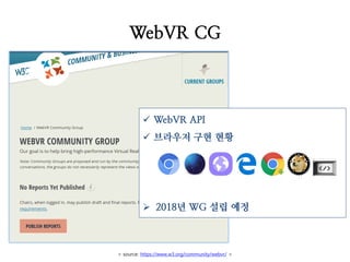 WebVR CG
< source: https://www.w3.org/community/webvr/ >
 WebVR API
 브라우저 구현 현황
 2018년 WG 설립 예정
 