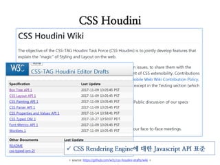 CSS Houdini
< source: https://github.com/w3c/css-houdini-drafts/wiki >
 CSS Rendering Engine에 대한 Javascript API 표준
 