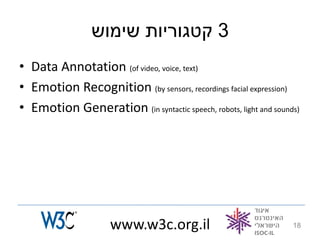 ‫3 קטגוריות שימוש‬
• Data Annotation (of video, voice, text)
• Emotion Recognition (by sensors, recordings facial expression)
• Emotion Generation (in syntactic speech, robots, light and sounds)




                      www.w3c.org.il                              18
 