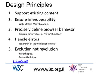 Design Principles
1. Support existing content
2. Ensure interoperability
      Web, Mobile, Many browsers.

3. Precisely define browser behavior
      Example: how “table” or “form” should act.

4. Handle errors
      Today 90% of the web is not “correct”

5. Evolution not revolution
      Keep the past.
      Enable the future.
  j.mp/w3cml5


                    www.w3c.org.il                 22
 