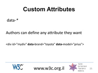 Custom Attributes
data-*

Authors can define any attribute they want

<div id="mydiv" data-brand="toyota" data-model="prius">




                   www.w3c.org.il                         25
 