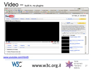 Video – built in, no plugins




www.youtube.com/html5


                        www.w3c.org.il   27
 