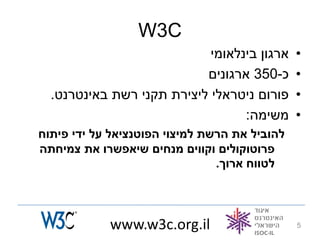 ‫‪W3C‬‬
                            ‫ארגון בינלאומי‬     ‫•‬
                           ‫כ-053 ארגונים‬       ‫•‬
  ‫פורום ניטראלי ליצירת תקני רשת באינטרנט.‬      ‫•‬
                                  ‫משימה:‬       ‫•‬
‫להוביל את הרשת למיצוי הפוטנציאל על ידי פיתוח‬
‫פרוטוקולים וקווים מנחים שיאפשרו את צמיחתה‬
                                ‫לטווח ארוך.‬



            ‫‪www.w3c.org.il‬‬                     ‫5‬
 