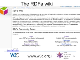 The RDFa wiki




j.mp/w3crdfa


                 www.w3c.org.il   54
 
