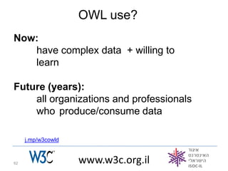 OWL use?
Now:
   have complex data + willing to
   learn

Future (years):
    all organizations and professionals
    who produce/consume data

     j.mp/w3cowld



62                  www.w3c.org.il
 