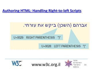 Authoring HTML: Handling Right-to-left Scripts




                 www.w3c.org.il                  86
 