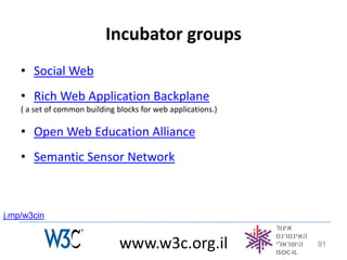 Incubator groups
    • Social Web
    • Rich Web Application Backplane
    ( a set of common building blocks for web applications.)

    • Open Web Education Alliance
    • Semantic Sensor Network



j.mp/w3cin


                                www.w3c.org.il                 91
 