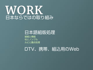 WORK
日本ならではの取り組み


    日本語組版処理
    縦組と横組
    柱とノンブル
    ルビと圏点処理


    DTV、携帯、組込用のWeb
 