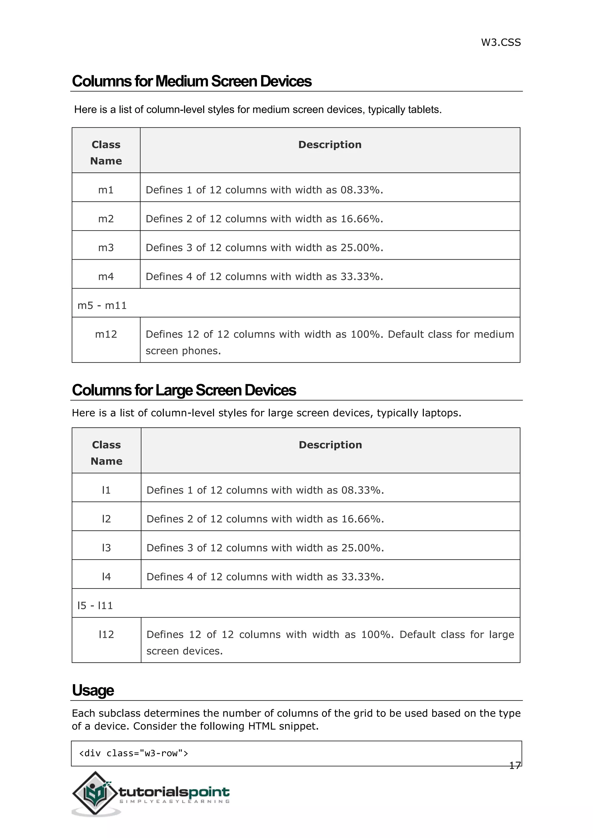 W3.CSS 17 ColumnsforMediumScreenDevices Here is a list of column-level styles for medium screen devices, typically tablets. Class Name Description m1 Defines 1 of 12 columns with width as 08.33%. m2 Defines 2 of 12 columns with width as 16.66%. m3 Defines 3 of 12 columns with width as 25.00%. m4 Defines 4 of 12 columns with width as 33.33%. m5 - m11 m12 Defines 12 of 12 columns with width as 100%. Default class for medium screen phones. ColumnsforLargeScreenDevices Here is a list of column-level styles for large screen devices, typically laptops. Class Name Description l1 Defines 1 of 12 columns with width as 08.33%. l2 Defines 2 of 12 columns with width as 16.66%. l3 Defines 3 of 12 columns with width as 25.00%. l4 Defines 4 of 12 columns with width as 33.33%. l5 - l11 l12 Defines 12 of 12 columns with width as 100%. Default class for large screen devices. Usage Each subclass determines the number of columns of the grid to be used based on the type of a device. Consider the following HTML snippet. <div class="w3-row"> 