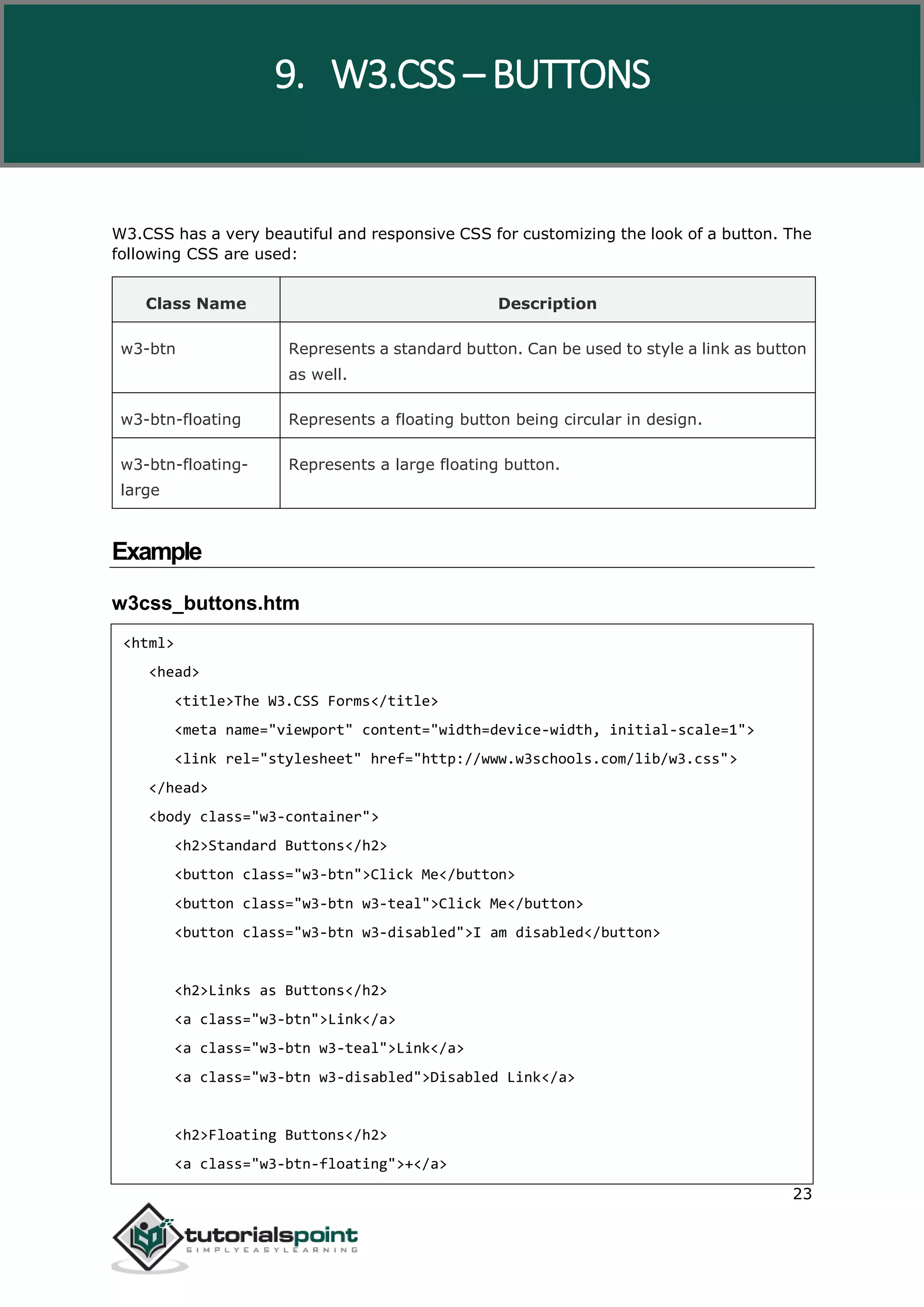 W3.CSS 23 W3.CSS has a very beautiful and responsive CSS for customizing the look of a button. The following CSS are used: Class Name Description w3-btn Represents a standard button. Can be used to style a link as button as well. w3-btn-floating Represents a floating button being circular in design. w3-btn-floating- large Represents a large floating button. Example w3css_buttons.htm <html> <head> <title>The W3.CSS Forms</title> <meta name="viewport" content="width=device-width, initial-scale=1"> <link rel="stylesheet" href="http://www.w3schools.com/lib/w3.css"> </head> <body class="w3-container"> <h2>Standard Buttons</h2> <button class="w3-btn">Click Me</button> <button class="w3-btn w3-teal">Click Me</button> <button class="w3-btn w3-disabled">I am disabled</button> <h2>Links as Buttons</h2> <a class="w3-btn">Link</a> <a class="w3-btn w3-teal">Link</a> <a class="w3-btn w3-disabled">Disabled Link</a> <h2>Floating Buttons</h2> <a class="w3-btn-floating">+</a> 9. W3.CSS – BUTTONS 