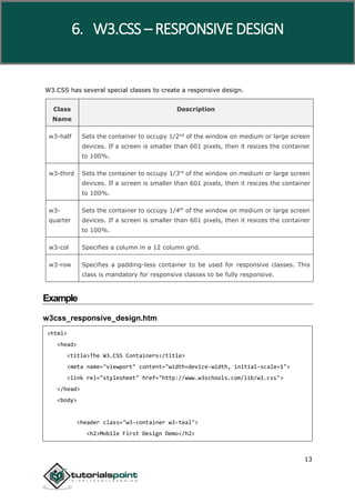 W3.CSS
13
W3.CSS has several special classes to create a responsive design.
Class
Name
Description
w3-half Sets the container to occupy 1/2nd
of the window on medium or large screen
devices. If a screen is smaller than 601 pixels, then it resizes the container
to 100%.
w3-third Sets the container to occupy 1/3rd
of the window on medium or large screen
devices. If a screen is smaller than 601 pixels, then it resizes the container
to 100%.
w3-
quarter
Sets the container to occupy 1/4th
of the window on medium or large screen
devices. If a screen is smaller than 601 pixels, then it resizes the container
to 100%.
w3-col Specifies a column in a 12 column grid.
w3-row Specifies a padding-less container to be used for responsive classes. This
class is mandatory for responsive classes to be fully responsive.
Example
w3css_responsive_design.htm
<html>
<head>
<title>The W3.CSS Containers</title>
<meta name="viewport" content="width=device-width, initial-scale=1">
<link rel="stylesheet" href="http://www.w3schools.com/lib/w3.css">
</head>
<body>
<header class="w3-container w3-teal">
<h2>Mobile First Design Demo</h2>
6. W3.CSS – RESPONSIVE DESIGN
 