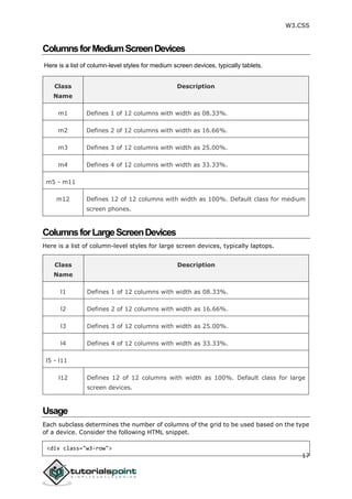 W3.CSS
17
ColumnsforMediumScreenDevices
Here is a list of column-level styles for medium screen devices, typically tablets.
Class
Name
Description
m1 Defines 1 of 12 columns with width as 08.33%.
m2 Defines 2 of 12 columns with width as 16.66%.
m3 Defines 3 of 12 columns with width as 25.00%.
m4 Defines 4 of 12 columns with width as 33.33%.
m5 - m11
m12 Defines 12 of 12 columns with width as 100%. Default class for medium
screen phones.
ColumnsforLargeScreenDevices
Here is a list of column-level styles for large screen devices, typically laptops.
Class
Name
Description
l1 Defines 1 of 12 columns with width as 08.33%.
l2 Defines 2 of 12 columns with width as 16.66%.
l3 Defines 3 of 12 columns with width as 25.00%.
l4 Defines 4 of 12 columns with width as 33.33%.
l5 - l11
l12 Defines 12 of 12 columns with width as 100%. Default class for large
screen devices.
Usage
Each subclass determines the number of columns of the grid to be used based on the type
of a device. Consider the following HTML snippet.
<div class="w3-row">
 