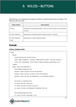 W3.CSS
23
W3.CSS has a very beautiful and responsive CSS for customizing the look of a button. The
following CSS are used:
Class Name Description
w3-btn Represents a standard button. Can be used to style a link as button
as well.
w3-btn-floating Represents a floating button being circular in design.
w3-btn-floating-
large
Represents a large floating button.
Example
w3css_buttons.htm
<html>
<head>
<title>The W3.CSS Forms</title>
<meta name="viewport" content="width=device-width, initial-scale=1">
<link rel="stylesheet" href="http://www.w3schools.com/lib/w3.css">
</head>
<body class="w3-container">
<h2>Standard Buttons</h2>
<button class="w3-btn">Click Me</button>
<button class="w3-btn w3-teal">Click Me</button>
<button class="w3-btn w3-disabled">I am disabled</button>
<h2>Links as Buttons</h2>
<a class="w3-btn">Link</a>
<a class="w3-btn w3-teal">Link</a>
<a class="w3-btn w3-disabled">Disabled Link</a>
<h2>Floating Buttons</h2>
<a class="w3-btn-floating">+</a>
9. W3.CSS – BUTTONS
 